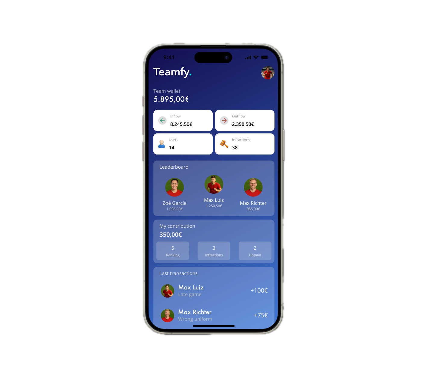 Teamfy app showing the team wallet dashboard with balance, leaderboard and recent transactions